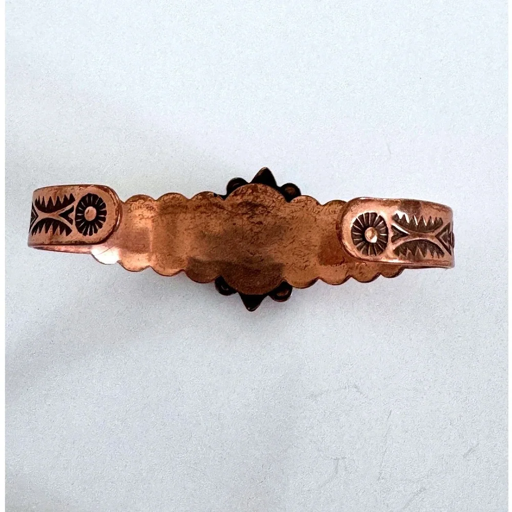Vintage Solid Copper Faux Turquoise Cuff Bracelet Southwestern Stamped Design